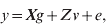 y \equals {\bi {X}} g \plus Zv \plus e\comma