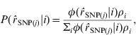P\lpar \hat{r}_{{\rm SNP}\lpar j\rpar } \vert i\rpar \equals {{\phi \lpar \hat{r}_{{\rm SNP}\lpar j\rpar } \vert i\rpar \rho_{i} } \over {\rmSigma _{i} \phi \lpar \hat{r}_{{\rm SNP}\lpar j\rpar } \vert i\rpar \rho _{i} }}\comma