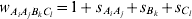 w_{A_{i} A_{j} B_{k} C_{l}} \equals 1 \plus <$> <$>s_{A_{i} A_{j}} \plus s_{B_{k}} \plus s_{C_{l}}
