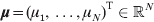 {\bimmu } \equals \lpar \mu _{\setnum{1}} \comma \ldots \comma \mu _{N} \rpar ^{\rm T} \in {\bb R}^{N}