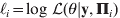 \ell _{i} \equals {\rm log}\;{\cal L}\lpar \theta \vert {\bf y}\comma {\bmPi }_{i} \rpar