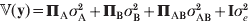 {\bb V}\lpar {\bf y}\rpar \equals <$> <$>{\bmPi }_{\rm A} \sigma _{\rm A}^{\setnum{2}} \plus {\bmPi }_{\rm B} \sigma _{\rm B}^{\setnum{2}} \plus {\bmPi }_{{\rm AB}} \sigma _{{\rm AB}}^{\setnum{2}} \plus {\bf I}\sigma _{e}^{\setnum{2}}