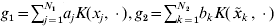 g_{\setnum{1}} \equals \sum _{j \equals \setnum{1}}^{N_{\setnum{1}} } a_{j} K\lpar x_{j} \comma \cdot \rpar \comma g_{\setnum{2}} \equals \sum _{k \equals \setnum{1}}^{N_{\setnum{2}} } b_{k} K\lpar \mathop {\tilde{x}}\nolimits_{k} \comma \cdot \rpar