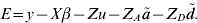 E \equals y \minus X\beta \minus Zu \minus Z_{A} \tilde{a} \minus Z_{D} \tilde{d}