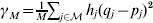 \gamma _{M} \equals {\textstyle{1 \over M}}\sum\nolimits_{j \in {\cal M}} \,h_{j} \lpar q_{j} \minus p_{j} \rpar ^{\setnum{2}}