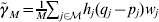 {\tilde{\gamma }}_{M} \equals {\textstyle{1 \over M}}\sum\nolimits_{j \in {\cal M}} h_{j} \lpar q_{j} \minus p_{j} \rpar w_{j}