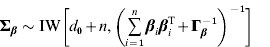 {\bmSigma }_{\bimbeta } \sim{\rm IW}\left[ {d_{\setnum{0}} \plus n\comma \left( {\mathop\sum\limits_{i \equals \setnum{1}}^{n} {{\bimbeta }_{i} {\bimbeta }_{i}^{\rm T} } \plus {\bmGamma }_{\bimbeta }^{ \minus \setnum{1}} } \right)^{ \minus \setnum{1}} } \right]