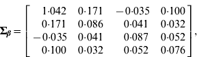 {\bmSigma }_{\bimbeta } \equals \left[ {\matrix{ {\hskip8pt 1{\cdot}042} \tab {0{\cdot}171} \tab { \minus 0{\cdot}035} \tab {0{\cdot}100} \cr {\hskip8pt 0{\cdot}171} \tab {0{\cdot}086} \tab {\hskip8pt 0{\cdot}041} \tab {0{\cdot}032} \cr { \minus 0{\cdot}035} \tab {0{\cdot}041} \tab {\hskip8pt 0{\cdot}087} \tab {0{\cdot}052} \cr {\hskip8pt 0{\cdot}100} \tab {0{\cdot}032} \tab {\hskip8pt 0{\cdot}052} \tab {0{\cdot}076} \cr} } \right]\comma 