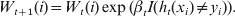 W_{t \plus \setnum{1}} \lpar i\rpar \equals W_{t} \lpar i\rpar \exp \lpar \beta _{t} I\lpar h_{t} \lpar x_{i} \rpar \ne y_{i} \rpar \rpar .