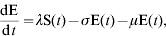 {{{\rm dE}} \over {{\rm d}t}} \equals \lambda {\rm S}\lpar t\rpar \minus \sigma {\rm E}\lpar t\rpar \minus \mu {\rm E}\lpar t\rpar \comma