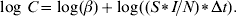 \log \,C \equals \log\hskip-1pt \lpar \beta \rpar \plus \log \hskip-1pt \lpar \lpar S\lowast I\hskip-1pt \sol\hskip-1pt N\rpar \lowast \rmDelta t\rpar.\hfill