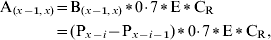 \eqalign{{\rm A}_{\lpar x \minus \setnum{1}\comma x\rpar } \tab\equals {\rm B}_{\lpar x \minus \setnum{1}\comma x\rpar } \lowast 0\!\cdot\! 7 \lowast {\rm E} \lowast {\rm C}_{\rm R}\hfill\cr\tab \equals \lpar {\rm P}_{x \minus i} \minus {\rm P}_{x \minus i \minus \setnum{1}} \rpar \lowast 0\!\cdot\!7 \lowast {\rm E} \lowast {\rm C}_{\rm R} \comma \hfill