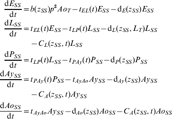 \openup-0.5\eqalign{{{{\rm d}E_{SS} } \over {{\rm d}t}} \equals \tab b\lpar z_{SS} \rpar p^{\setnum{2}} Ao_{T} \minus t_{EL} \lpar t\rpar E_{SS} \minus {\rm d}_{E} \lpar z_{SS} \rpar E_{SS} \cr {{{\rm d}L_{SS} } \over {{\rm d}t}} \equals \tab t_{EL} \lpar t\rpar E_{SS} \minus t_{LP} \lpar t\rpar L_{SS} \minus {\rm d}_{L} \lpar z_{SS} \comma L_{T} \rpar L_{SS} \cr \tab \minus C_{L} \lpar z_{SS} \comma t\rpar L_{SS} \cr {{{\rm d}P_{SS} } \over {{\rm d}t}} \equals \tab t_{LP} \lpar t\rpar L_{SS} \minus t_{PAy} \lpar t\rpar P_{SS} \minus {\rm d}_{P} \lpar z_{SS} \rpar P_{SS} \cr {{{\rm d}Ay_{SS} } \over {{\rm d}t}} \equals \tab t_{PAy} \lpar t\rpar P_{SS} \minus t_{AyAo} Ay_{SS} \minus {\rm d}_{Ay} \lpar z_{SS} \rpar Ay_{SS} \cr \tab \minus C_{A} \lpar z_{SS} \comma t\rpar Ay_{SS} \cr {{{\rm d}Ao_{SS} } \over {{\rm d}t}} \equals \tab t_{AyAo} Ay_{SS} \minus {\rm d}_{Ao} \lpar z_{SS} \rpar Ao_{SS} \minus C_{A} \lpar z_{SS} \comma t\rpar Ao_{SS} \cr}