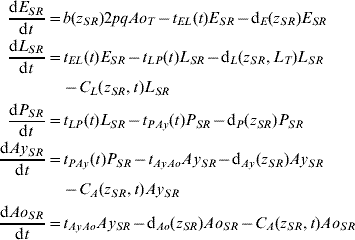 \openup-0.5\eqalign{{{{\rm d}E_{SR} } \over {{\rm d}t}} \equals \tab b\lpar z_{SR} \rpar 2pqAo_{T} \minus t_{EL} \lpar t\rpar E_{SR} \minus {\rm d}_{E} \lpar z_{SR} \rpar E_{SR} \cr {{{\rm d}L_{SR} } \over {{\rm d}t}} \equals \tab t_{EL} \lpar t\rpar E_{SR} \minus t_{LP} \lpar t\rpar L_{SR} \minus {\rm d}_{L} \lpar z_{SR} \comma L_{T} \rpar L_{SR} \cr \tab \minus C_{L} \lpar z_{SR} \comma t\rpar L_{SR} \cr {{{\rm d}P_{SR} } \over {{\rm d}t}} \equals \tab t_{LP} \lpar t\rpar L_{SR} \minus t_{PAy} \lpar t\rpar P_{SR} \minus {\rm d}_{P} \lpar z_{SR} \rpar P_{SR} \cr {{{\rm d}Ay_{SR} } \over {{\rm d}t}} \equals \tab t_{PAy} \lpar t\rpar P_{SR} \minus t_{AyAo} Ay_{SR} \minus {\rm d}_{Ay} \lpar z_{SR} \rpar Ay_{SR} \cr \tab \minus C_{A} \lpar z_{SR} \comma t\rpar Ay_{SR} \cr {{{\rm d}Ao_{SR} } \over {{\rm d}t}}\equals \tab t_{AyAo} Ay_{SR} \minus {\rm d}_{Ao} \lpar z_{SR} \rpar Ao_{SR} \minus C_{A} \lpar z_{SR} \comma t\rpar Ao_{SR} \cr}