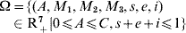 \rmOmega \equals \lcub \lpar A\comma M_{\setnum{1}} \comma M_{\setnum{2}} \comma M_{\setnum{3}} \comma s\comma e\comma i\rpar \in {\rm R}_{ \plus }^{\setnum{7}} \vert 0\les A\les C\comma s \plus e \plus i\les 1\rcub \hfill