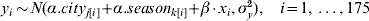 \eqalign{\hskip-3pt y_{i} \hskip-1\sim\hskip-2 N\lpar \alpha.city_{j\lsqb i\hskip1pt\rsqb } \hskip-1\plus\hskip-1 \alpha.season_{k\lsqb i\hskip1pt\rsqb } \hskip-1\plus\hskip-1 \beta \hskip-1pt\cdot\hskip-1pt x_{i} \comma \sigma _{y} ^{\setnum{2}} \rpar \comma \quad\hskip-1 i \equals 1\comma \ldots \comma 175}