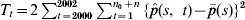 T_{t} \equals 2\sum\nolimits_{t \equals \setnum{2000}}^{\setnum{2002}} {\sum\nolimits_{t \equals \setnum{1}}^{n_{\setnum{0}} \plus n} {\lcub \hat{p}\lpar s\comma {\rm \ }t\rpar \minus \bar{p}\lpar s\rpar \rcub ^{\setnum{2}} } }