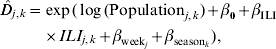\eqalign{\hat{D}_{j\comma k} \equals \tab \exp \lpar \log \lpar {\rm Population}_{j\comma k} \rpar \plus \beta _{\setnum{0}} \plus \beta _{{\rm ILI}} \cr \tab \times ILI_{j\comma k} \plus \beta _{{\rm week}_{j} } \plus \beta _{{\rm season}_{k} } \rpar \comma }