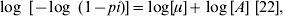 {\log \ \lsqb } \minus {\log \ \lpar 1} \minus pi{\rpar \rsqb \equals \log \hskip-1.5pt \lsqb \mu \rsqb \plus \log \lsqb }A{\rsqb \ \lsqb 22\rsqb \comma }