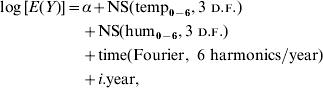 \eqalign{ \log \lsqb E\lpar Y\rpar \rsqb \equals \tab \alpha \plus {\rm NS\lpar temp}_{\setnum{0} \minus \setnum{6}} \comma 3\ {\sc{D}}.{\sc{F}}. \rpar \cr \tab\plus {\rm NS}\lpar {\rm hum}_{{\rm \setnum{0}} \minus \setnum{6}} \comma 3 \ {\sc{D}}.{\sc{F}}. \rpar \cr \tab\plus {\rm time}\lpar {\rm Fourier}\comma {\rm\ }6{\rm \ harmonics\sol year}\rpar \cr \tab\plus i.{\rm year}\comma \cr}