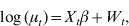 \log\lpar \mu _{t} \rpar \equals X_{t} \beta \plus W_{t}\comma\hfill