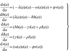 \eqalign{ {{{\rm d}s\lpar a\rpar } \over {{\rm d}a}} \tab \equals \lpar \minus \lambda \lpar a\rpar s\lpar a\rpar \minus \omega \lpar a\rpar s\lpar a\rpar \plus \phi v\lpar a\rpar \rpar \cr {{{\rm d}h\lpar a\rpar } \over {{\rm d}a}} \tab \equals \lpar \lambda \lpar a\rpar s\lpar a\rpar \minus \delta h\lpar a\rpar \rpar \cr {{{\rm d}i\lpar a\rpar } \over {{\rm d}a}} \tab \equals \lpar \delta h\lpar a\rpar \minus \gamma i\lpar a\rpar \plus \rho l\lpar a\rpar \rpar \cr {{{\rm d}l\lpar a\rpar } \over {{\rm d}a}} \tab \equals \lpar \gamma i\lpar a\rpar \minus \rho l\lpar a\rpar \rpar \cr {{{\rm d}v\lpar a\rpar } \over {{\rm d}a}} \tab \equals \lpar \omega \lpar a\rpar s\lpar a\rpar \minus \phi v\lpar a\rpar \rpar \cr} \hskip1.6\vskip-.5{\left.{\eqalign { \cr \cr\cr\cr\cr\cr\cr\cr }}\right \}}\hfill