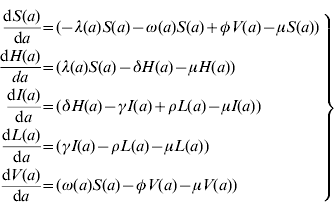 \hskip-1pt\eqalign{ {{{\rm d}S\lpar a\rpar } \over {{\rm d}a}} \tab \equals \lpar\! \minus \lambda \lpar a\rpar S\lpar a\rpar \minus \omega \lpar a\rpar S\lpar a\rpar \plus \phi V\lpar a\rpar \minus \mu S\lpar a\rpar \rpar \cr {{{\rm d}H\lpar a\rpar } \over {da}} \tab \equals \lpar \lambda \lpar a\rpar S\lpar a\rpar \minus \delta H\lpar a\rpar \minus \mu H\lpar a\rpar \rpar \cr {{{\rm d}I\lpar a\rpar } \over {{\rm d}a}} \tab \equals \lpar \delta H\lpar a\rpar \minus \gamma I\lpar a\rpar \plus \rho L\lpar a\rpar \minus \mu I\lpar a\rpar \rpar \cr {{{\rm d}L\lpar a\rpar } \over {{\rm d}a}} \tab \equals \lpar \gamma I\lpar a\rpar \minus \rho L\lpar a\rpar \minus \mu L\lpar a\rpar \rpar \cr {{{\rm d}V\lpar a\rpar } \over {{\rm d}a}} \tab \equals \lpar \omega \lpar a\rpar S\lpar a\rpar \minus \phi V\lpar a\rpar \minus \mu V\lpar a\rpar \rpar \cr}\hskip-3.6\vskip1.5{\left.{\eqalign { \cr \cr \cr \cr \cr \cr \cr \cr }}\right \}}\hskip-6pt