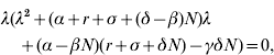 \eqalign{ \tab \lambda \lpar \lambda ^{\setnum{2}} \plus \lpar \alpha \plus r \plus \sigma \plus \lpar \delta \minus \beta \rpar N\rpar \lambda \cr \tab\quad \plus \lpar \alpha \minus \beta N\rpar \lpar r \plus \sigma \plus \delta N\rpar \minus \gamma \delta N\rpar \equals 0\comma \cr}