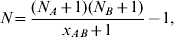 N \equals {{\lpar N_{A} \plus 1\rpar \lpar N_{B} \plus 1\rpar } \over {x_{AB} \plus 1}} \minus 1 \comma \hfill