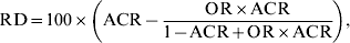 {\rm RD} \equals 100 \times \left( {{\rm ACR} \minus {{{\rm OR} \times {\rm ACR}} \over {1 \minus {\rm ACR \plus OR} \times {\rm ACR}}}} \right)\comma