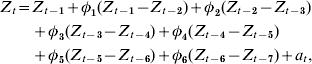 \eqalign{ Z_{t} \equals \tab Z_{t \minus \setnum{1}} \plus \phi_{\setnum{1}} \lpar Z_{t \minus \setnum{1}} \minus Z_{t \minus \setnum{2}} \rpar \plus \phi_{\setnum{2}} \lpar Z_{t \minus \setnum{2}} \minus Z_{t \minus \setnum{3}} \rpar \cr \tab \plus \phi _{\setnum{3}} \lpar Z_{t \minus \setnum{3}} \minus Z_{t \minus \setnum{4}} \rpar \plus \phi_{\setnum{4}} \lpar Z_{t \minus \setnum{4}} \minus Z_{t \minus \setnum{5}} \rpar \cr \tab \plus \phi_{\setnum{5}} \lpar Z_{t \minus \setnum{5}} \minus Z_{t \minus \setnum{6}} \rpar \plus \phi_{\setnum{6}} \lpar Z_{t \minus \setnum{6}} \minus Z_{t \minus \setnum{7}} \rpar \plus a_{t} \comma \cr}