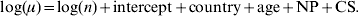 {\log}\lpar \mu \rpar \equals {\log} \lpar n \rpar \plus {\rm intercept} \plus {\rm country} \plus {\rm age} \plus {\rm NP} \plus {\rm CS}.