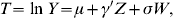 T \equals \ln Y \equals \mu \plus \gamma ^\prime Z \plus \sigma W \comma