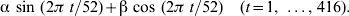 \rmalpha \ {\rm sin}\ \lpar {2 \pi \ t \sol 52} \rpar \plus \rmbeta \ {\rm cos\ }\lpar {2 \pi \ t\sol 52} \rpar \quad \lpar {t \equals 1 \comma \, \ldots \comma \, 416 \rpar}.