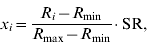 x_{i} \equals {{R_{i} \minus R_{\min } } \over {R_{\max } \minus R_{\min } }} \cdot {\rm SR}\comma 