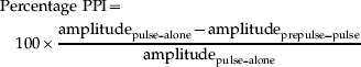 \eqalign{ \tab {\rm Percentage\ PPI \equals } \cr \tab \quad {\rm 100} \times {{{\rm amplitude}_{{\rm pulse\vskip1\hbox {-}\vskip-1 alone}} \minus {\rm amplitude}_{{\rm prepulse} \vskip1\hbox{-\!-}\vskip-1 {\rm pulse}} } \over {{\rm amplitude}_{{\rm pulse\vskip1\hbox{-}\vskip-1 alone}} }} \cr}
