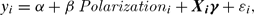 
\begin{equation}
y_i = \alpha + \beta\ {\it Polarization}_i + {\bm X}_{\bm i}{\bm \gamma} + \varepsilon _i,
\end{equation}
