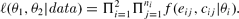 \begin{equation}
\ell (\theta _1, \theta _2 |{\it data}) = \Pi _{i = 1}^2 \Pi _{j = 1}^{n_i} f(e_{ij}, c_{ij} |\theta _i).\end{equation}