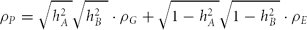 \begin{equation}
\rho _P = \sqrt {h^2 _A \,} \sqrt {h^2 _B \,\,} \cdot \rho _G + \sqrt {1 - h^2 _A \,} \sqrt {1 - h^2 _B \,} \cdot \rho _E\end{equation}
