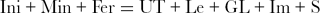 \begin{equation}
{\rm Ini} + {\rm Min} + {\rm Fer} = {\rm UT} + {\rm Le} + {\rm GL} + {\mathop{\rm Im}\nolimits} + {\rm S}\end{equation}