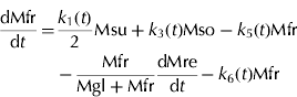 $$\eqalign{\displaystyle{{{\rm dMfr}} \over {{\rm d}t}} = & \displaystyle{{k_1 (t)} \over 2}{\rm Msu} + k_3 (t){\rm Mso} - k_5 (t){\rm Mfr} \cr & - \displaystyle{{{\rm Mfr}} \over {{\rm Mgl} + {\rm Mfr}}}\displaystyle{{{\rm dMre}} \over {{\rm d}t}} - k_6 (t){\rm Mfr}} $$