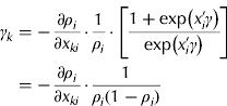 $$\gamma _k = - \displaystyle{{\partial \rho _i} \over {\partial x_{ki}}} \cdot \displaystyle{1 \over {\rho _i}} \cdot \left[ {\displaystyle{{1 + \exp \left( {x'_i \gamma} \right)} \over {\exp \left( {x'_i \gamma} \right)}}} \right] = - \displaystyle{{\partial \rho _i} \over {\partial x_{ki}}} \cdot \displaystyle{1 \over {\rho _i (1 - \rho _i )}}$$