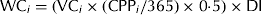$${\rm WC}_i = ({\rm VC}_i \times ({\rm CPP}_i /365) \times 0{\cdot}5) \times {\rm DI} $$