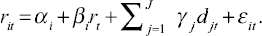 
\[
\begin{array}
r_{it}=\displaystyle \alpha_{i}+\beta_{i}r_{t}+\sum_{j=1}^{J}\gamma_{j}d_{jt}+\epsilon_{it}$\end{array}
\

