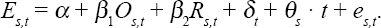
\[
\begin{array}
E_{s,t}=\alpha+\beta_1 O_{s,t}+\beta_2R_{s,t}+\delta_t +\theta_s \cdot t+e_{s,t}.
\end{array}
\