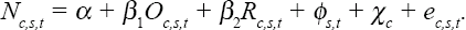 
\[
\begin{array}
N_{c,s,t}=\alpha +\beta_1 O_{c,s,t}+\beta_2 R_{c,s,t}+\phi_{s,t}+\chi_c +e_{c,s,t}.
\end{array}
\