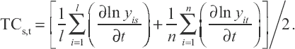 
\[
\begin{array}
{\text{TC}}_{{\text{s}},{\text{t}}}\left[\frac{1}{l}\sum_{i=1}^l \left(\frac{\partial \ln y_{is}}{\partial t}\right) +\frac{1}{n}\sum^n_{i=1}\left(\frac{\partial \ln y_{it}}{\partial t}\right)\right]/2.
\end{array}
\