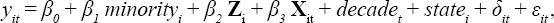 
\[
\begin{array}
y_{it} = \beta_{0} + \beta_{1} \ minority_{i} + \beta_{2} \ \mathbf{Z}_{\text{i}} + \beta_{3} \ \mathbf{X}_{\text{it}} + decade_{t} +state_{i} + \delta_{it} + \varepsilon_{it},
\end{array}
\
