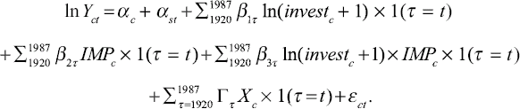 \[
\begin{array}
\ln\ Y_{ct}=\alpha_{c}+\alpha_{st}+\Sigma_{\tau=1920}^{1987}\ \beta_{1\tau}\ln(invest_{c}+1)\times 1(\tau=1)\\
+\Sigma_{1920}^{1987}\beta_{2\tau}IMP_{c}\times1(\tau=1)+\Sigma_{1920}^{1987}\beta_{3\tau}\ln(invest_{c}+1)\times IMP_{c}\times 1(\tau=t)\\
+\Sigma_{\tau=1920}^{1987}\Gamma_{\tau}X_{c}\times 1(\tau=t)+\varepsilon_{ct}.
\end{array}
\