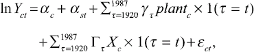 \[
\begin{array}
\ln\ Y_{ct}=\alpha_{c}+\alpha_{st}+\Sigma_{\tau=1920}^{1987}\ \gamma_{\tau}plant_{c}\times 1(\tau=1)\\
+\Sigma_{\tau=1920}^{1987}\Gamma_{\tau}X_{c}\times 1(\tau=t)+\varepsilon_{ct}.
\end{array}
\